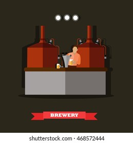 Brewery and beer restaurant concept vector illustration. Brewing production metal tanks.