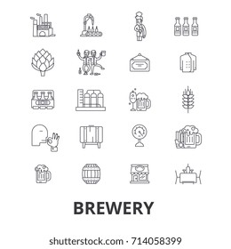 brewery, beer tap, pub,  winery, distillery, keg, brewing, hops, alchocol line icons. Editable strokes. Flat design vector illustration symbol concept. Linear isolated signs