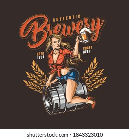 Brewery colorful logo in vintage style with wheat ears inscriptions pretty woman holding beer cup and sitting on metal keg isolated vector illustration