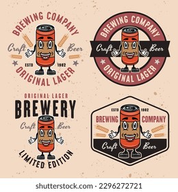Brewery company set of vector emblems, badges, labels or logos with beer can smiling character on light background