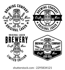 Brewery company set of vector monochrome emblems, badges, labels or logos with beer can smiling character isolated on white background