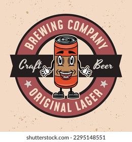 Brewery company vector round emblem, badge, label or logo with beer can smiling character on light background