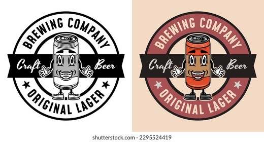 Brewery company vector round emblem, badge, label or logo with beer can smiling character. Two styles monochrome and colored with removable textures