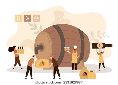 Brewery, concept banner. Craft beer production, modern brewing process. Team of workers with beer. Beerhouse technology for barleys and hops processing into an alcoholic drink. vector illustration