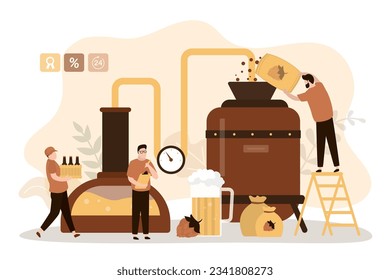 Brewery, concept banner. Craft beer production, modern brewing process. Beerhouse technology for barleys and hops processing into alcoholic drink. Tank and glass mugs with beer. vector illustration