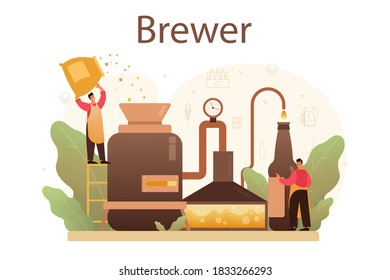 Concepto de cervecería. Producción de cerveza artesanal, proceso de elaboración. depósito de cerveza de barril, taza de cosecha y botella llena de alcohol. Ilustración vectorial aislada