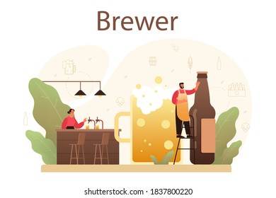 Concepto de cervecería. Producción de cerveza artesanal, proceso de elaboración. depósito de cerveza de barril, taza de cosecha y botella llena de alcohol. Ilustración vectorial aislada