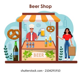 Brewery concept. Craft beer production, modern brewing process. Beerhouse technology for barleys and hops processing into an alcoholic drink. Beer shop. Flat vector illustration