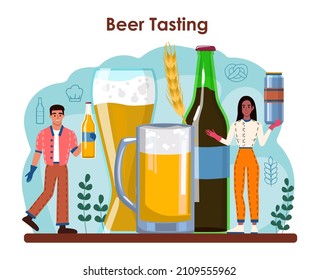 Brewery concept. Craft beer production, modern brewing process. Beerhouse technology for barleys and hops processing into an alcoholic drink. Beer tasting. Flat vector illustration