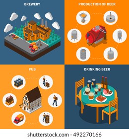 Brewery concept icons set with beer production and drinking symbols isometric isolated vector illustration 