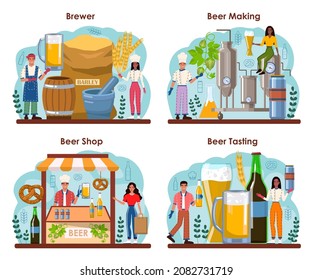 Brewery concept set. Craft beer production, modern brewing process. Beerhouse technology for barleys and hops processing into an alcoholic drink. Flat vector illustration