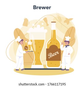 Cervecería transportada. Producción de cerveza artesanal, proceso de elaboración. depósito de cerveza de barril, taza de cosecha y botella llena de alcohol. Ilustración vectorial aislada