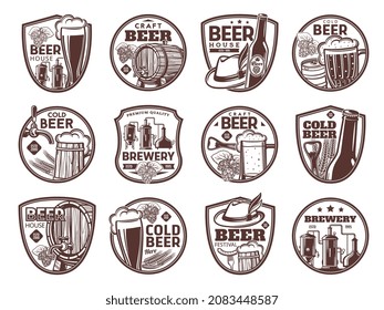 Brewery and craft beer isolated icons of bar and pub alcohol drink vector design. Malt beer bottles, mugs, glasses and barrels, wheat ale or lager pint tankards, barley, hops and brewing tanks