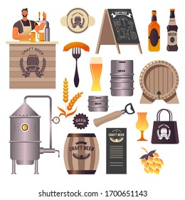 Brewery, craft beer pub, bar counter and bartender, food and drink vector. Man pouring beer from tap, street menu banner, bottles and mugs, sausages for snack. Brewing machines, barrels and opener