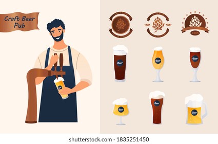 ビール醸造所 若い男性がビール塔からビールを注ぐクラフトビールパブのコンセプト さまざまな種類のビールを注ぐマグカップやグラスなど 平らなカートーンのベクターイラスト のベクター画像素材 ロイヤリティフリー
