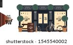 Brewery, craft beer pub -small business graphics -a bar facade-modern flat vector concept illustrations -a pub front, shocase with logo, table, barrel, bicycle, plants. pavement stand, blackboard menu