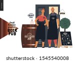Brewery, craft beer pub -small business graphics -bar owners -modern flat vector concept illustrations -man, woman bar owners bartenders wearing aprons, standing in entrance, barrel, pavement stand