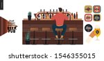 Brewery, craft beer pub -small business graphics -male visitor at the bar counter-modern flat vector concept illustrations -young man, sitting on the bar stool at the counter, back view. Beer elements