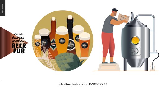 Cervecería, cervecería artesanal -gráficos para pequeñas empresas- proceso de elaboración y algunas cervezas -modernas ilustraciones de concepto de vectores planos- tanque de cerveza de barril y cervecería, icono del menú -lentes de cerveza y botellas, lúpulo, trigo