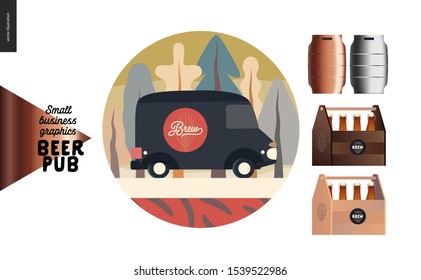 Brewery, craft beer pub - small business graphics - delivery van and some beer - modern flat vector concept illustrations. Delivery or catering car in the park, draft beer casks, wooden beer packs