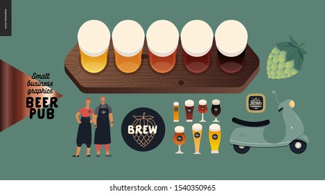 Brewery, craft beer pub -small business graphics -bar elements -modern flat vector concept illustrations - kinds of beer set, hop, bar owners, scooter, beer mat, branded glasses, brew logo