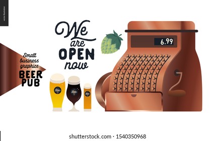 Brewery, craft beer pub - small business illustrations - vintage cash register - modern flat vector concept illustration of a vintage cash register, hop and glasses of beer - constructor set