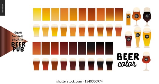 Brewery, craft beer pub -small business graphics - beer color -modern flat vector concept illustrations -various kinds of craft beer in the glasses, range from light to dark