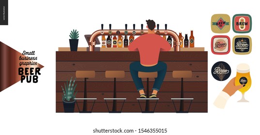 Brewery, craft beer pub -small business graphics -male visitor at the bar counter-modern flat vector concept illustrations -young man, sitting on the bar stool at the counter, back view. Beer elements