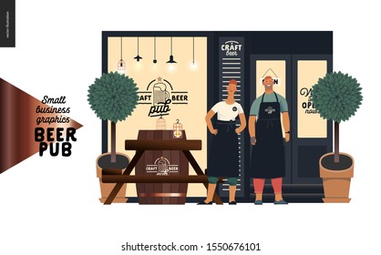 Brewery, craft beer pub -small business graphics -a bar facade and owners -modern flat vector concept illustrations -a pub front, shocase with logo, table, barrel, plants, bartenders wearing apron