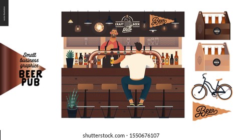 Brewery, craft beer pub -small business graphics -at the bar counter-modern flat vector concept illustrations -young man, sitting on the bar stool at the counter, bartender pouring beer. Bar elements