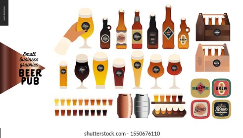 Brewery, craft beer pub -small business graphics - beer -modern flat vector concept illustrations -draught beer cask, beer mats, wooden package, glasses, bottles