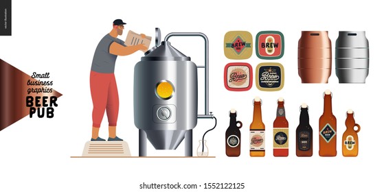 Brewery, craft beer pub -small business graphics - brewing process and some beer elements -modern flat vector concept illustrations -draught beer tank and brewer, beer bottles, mats and casks