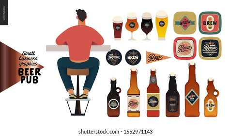 Brewery, craft beer pub -small business graphics -male visitor at the bar counter-modern flat vector concept illustrations -young man, sitting on the bar stool at the counter, back view. Beer elements