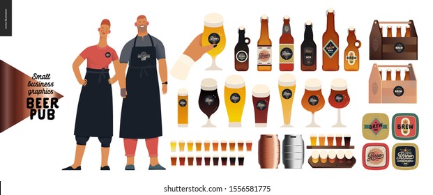 Brewery, craft beer pub -small business graphics -pub owners and brewery components -modern flat vector concept illustrations -man, woman, bartenders wearing apron. Bottles, glasses, casks, beer mats