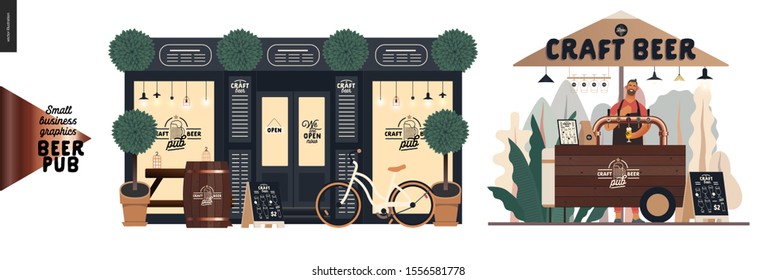 Brewery, Craft Beer Pub -small Business Graphics -a Bar Facade And Vending Cart-modern Flat Vector Concept Illustrations -a Pub Front, Shocase, Bicycle. Street Food Cart Under The Umbrella