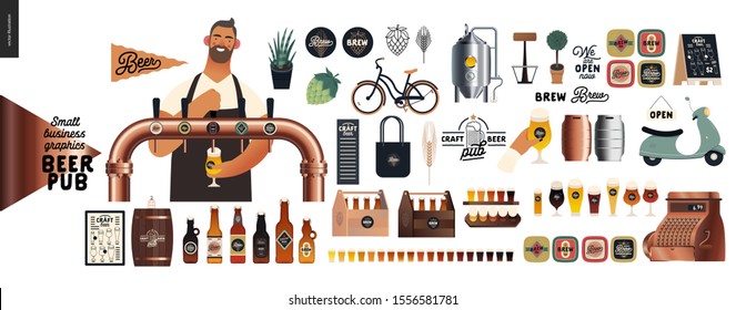 Brewery, craft beer pub -small business graphics -male visitor at the bar countera bartender-modern flat vector concept illustrations -young man pouring beer from the beer tower. Brewery elements