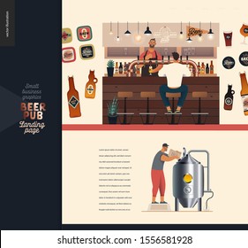 Brewery, craft beer pub -small business illustrations -landing page design template -modern flat vector concept illustration of bar counter, visitor, beer tower, bartender pouring beer. Brewer, tank