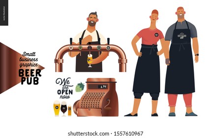 Brewery, craft beer pub -small business graphics -bartender, pub owners -modern flat vector concept illustrations -man, woman wearing aprons, barman pouring beer from the beer tower, cash register