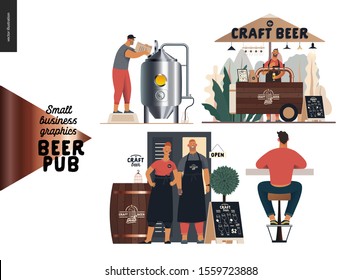 Brewery, craft beer pub -small business graphics -bar set -modern flat vector concept illustrations -man, woman bar owners bartenders wearing aprons, brewer with tank, vending cart, bar visitor