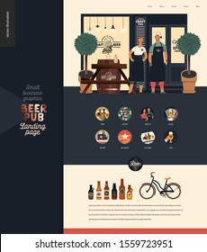 Brewery, craft beer pub -small business illustrations -landing page design template -modern flat vector concept illustration of bar facade, owners, illustrated web icons, beer bottles, bicycle