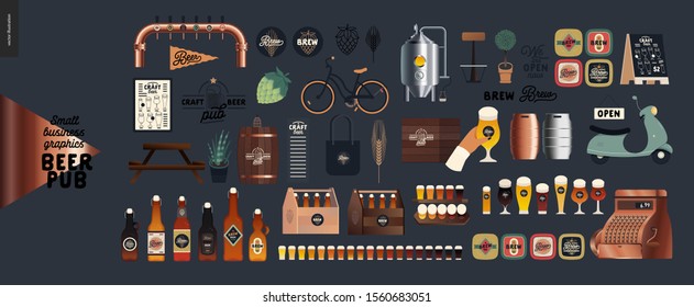 Brewery, craft beer pub -small business graphics - pub elements -modern flat vector concept illustrations -draught beer tank, tower, casks, brewery components, bar interior, logo, hop, wheat, scooter