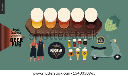 Brewery, craft beer pub -small business graphics -bar elements -modern flat vector concept illustrations - kinds of beer set, hop, bar owners, scooter, beer mat, branded glasses, brew logo