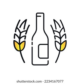 Icono de bebida de cerveza. Bebida alcohólica en botella con dos ramas de lúpulo. Logotipo elegante y elegante para empresa u organización. Moda, estilo y moda. Dibujo vectorial plano de dibujos animados