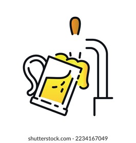 Brewery drink icon. Beer, wine or champagne poured into mug from barrel through tube, goods and menu in pub. Graphic element for website. Template, layout and mockup. Cartoon flat vector illustration