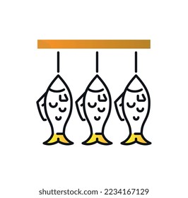 Brewery drink icon. Dried fish on strings, appetizer for alcoholic drink. Symbol of rest after work and tasty, but unhealthy food. Poster or banner for website. Cartoon flat vector illustration