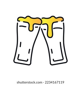 Brewery drink icon. Two glasses with beer and foam. Symbol of holiday and festival, rest after work and alcoholic drinks. Graphic element for site, poster or banner. Cartoon flat vector illustration