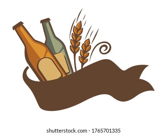 Brewery emblem with beer bottles and wheat spikelets, isolated logotype with ribbon. Yeast with alcoholic drink, refreshing cold alcohol beverage in glass container. Cider icon, vector in flat style