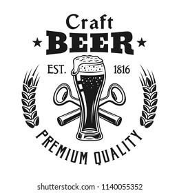 Brewery emblem, label, badge or logo in monochrome vintage style with beer glass isolated on white background