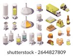Brewery factory 3d isometric set. Collection isolated flat elements of fermentation, distillery and other machinery, beer industry production, bottles, truck distribution, more. Vector illustration.