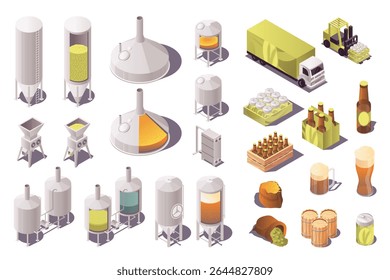 Fábrica de cervejaria 3d conjunto isométrico. Coleção elementos planos isolados de fermentação, destilaria e outras máquinas, produção da indústria de cerveja, garrafas, distribuição de caminhões, mais. Ilustração vetorial.